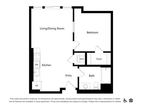 Floor plan for 1 bed, 1 bath, 667 sqft